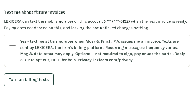 The optional card on a LEXICERA invoice payment page: the heading, the mobile number on the account shown masked, and an unchecked box beside the consent sentence quoted above.