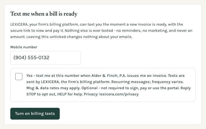The optional billing-texts card in a signed-in client's LEXICERA portal: the heading, the mobile number on the account with a way to correct it, and an unchecked box beside the consent sentence quoted above.