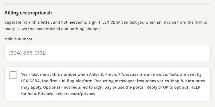 The optional billing-texts section on the LEXICERA page where an engagement letter is e-signed, below the letter and separate from it: the heading, a mobile number field, and an unchecked box beside the consent sentence quoted above.