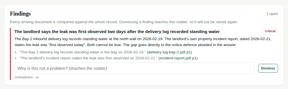 The Findings panel: a critical contradiction between a delivery log and an incident report, each citation naming its file and page.