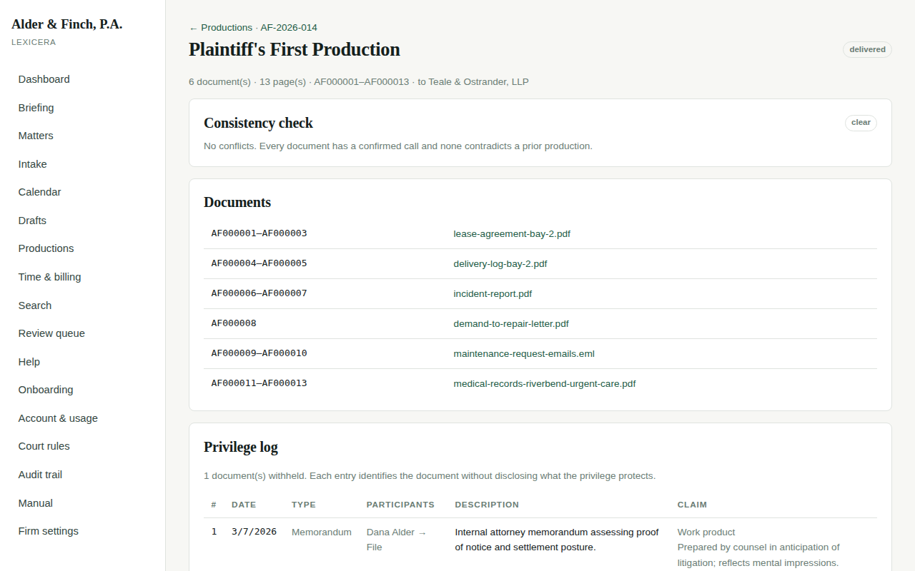 A locked production showing Bates ranges, a clear consistency check, and a privilege log.